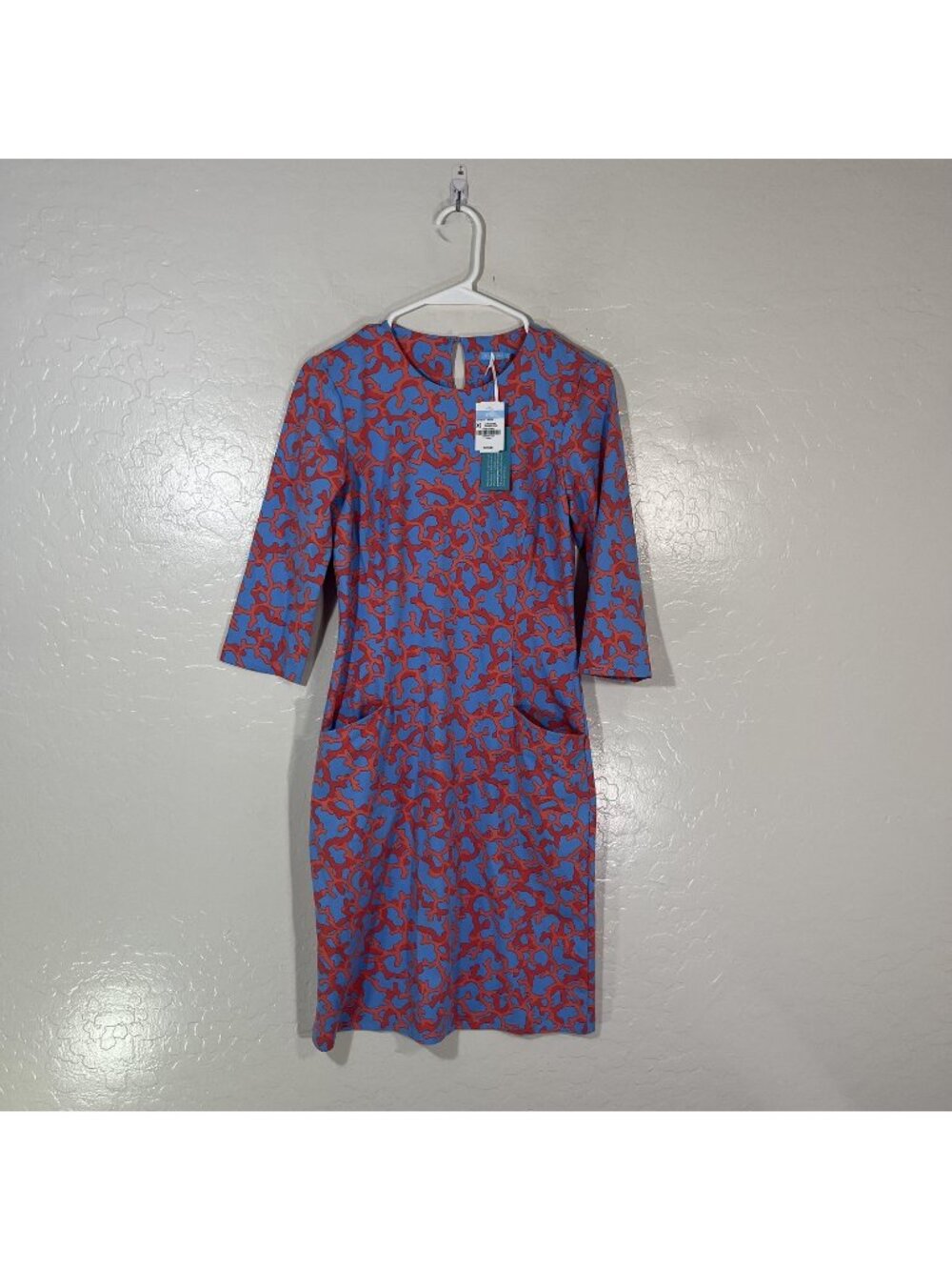 J.McLaughlin Catalyst Dress Womens XS Blue Coral Reef Sheath 3/4 Sleeve Pockets